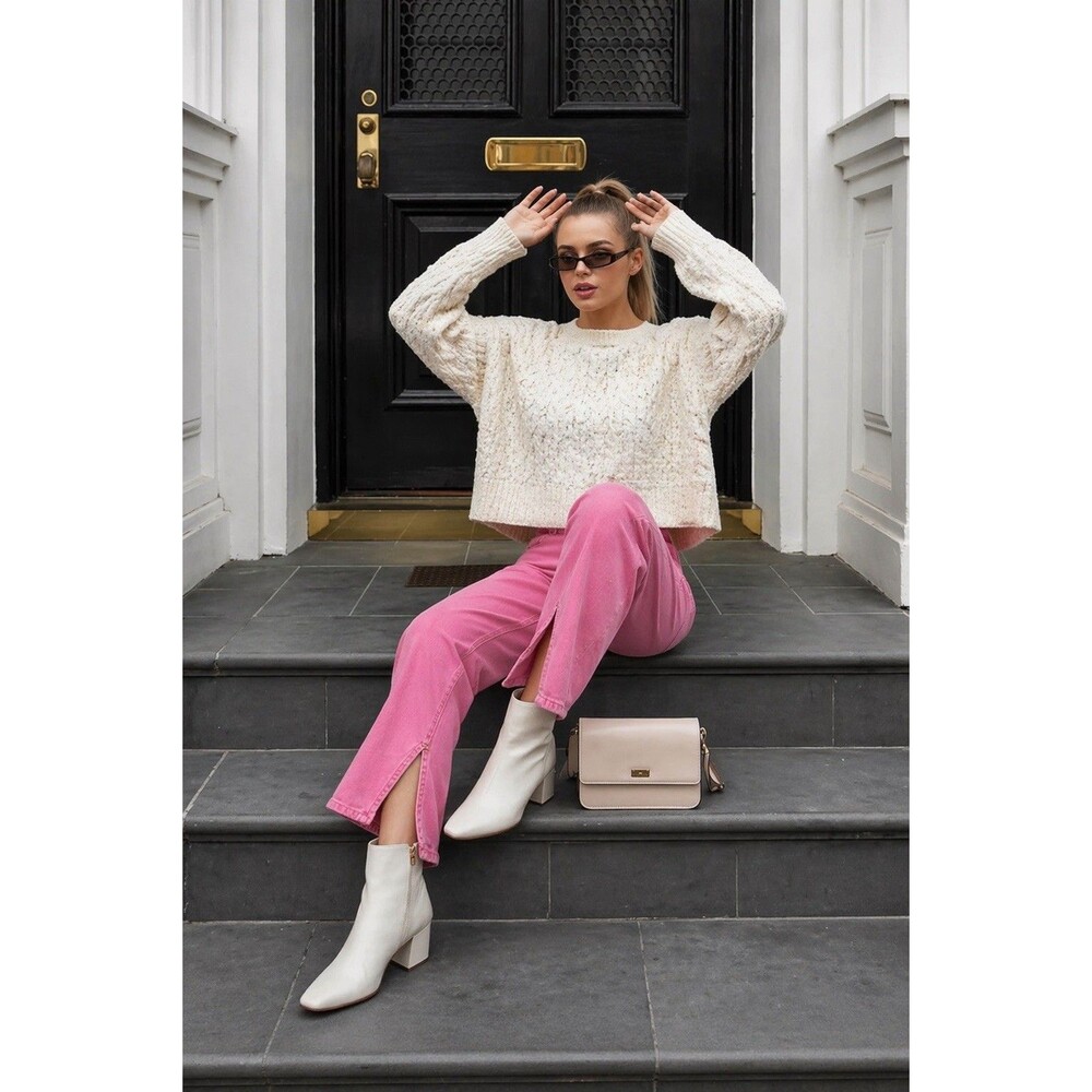 Aritzia Wool Blend Chunky Knit Sweater Cream Cropped Relaxed Fit Women XS